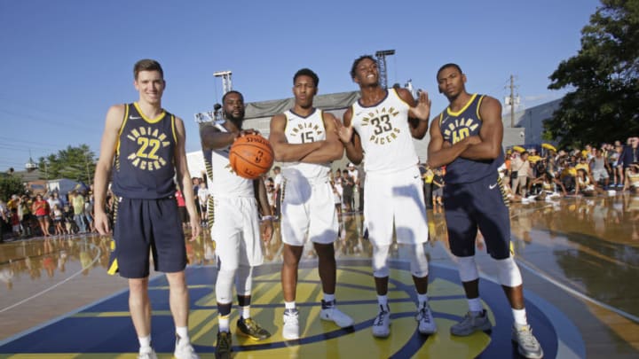 INDIANAPOLIS, IN - JULY 28: TJ Leaf #22, Lance Stephenson #1, Ike Anigbogu #15, Glenn Robinson III #40 and Myles Turner #33 of theIndiana Pacers participate in an outdoor fanfest on July 28, 2017 in Indianapolis, Indiana. NOTE TO USER: User expressly acknowledges and agrees that, by downloading and or using this Photograph, user is consenting to the terms and condition of the Getty Images License Agreement. Mandatory Copyright Notice: 2017 NBAE (Photo by Ron Hoskins/NBAE via Getty Images)