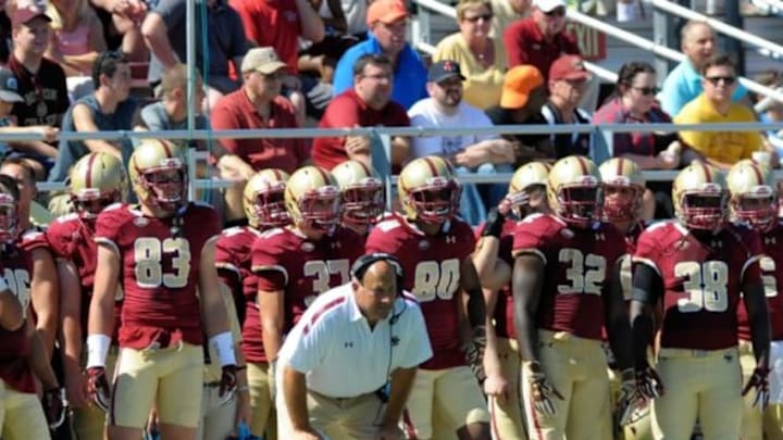 Sep 5, 2015; Boston, MA, USA; Boston College Eagles head coach Steve Addazio watches the action during the first half against the Maine Black Bears at Alumni Stadium. Mandatory Credit: Bob DeChiara-USA TODAY Sports