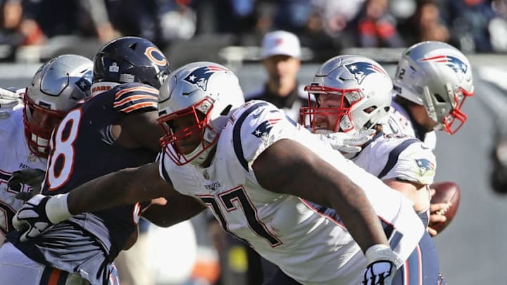 CHICAGO, IL – OCTOBER 21: Trent Brown #77 of the New England Patriots moves to block against the Chciago Bears at Soldier Field on October 21, 2018 in Chicago, Illinois. The Patriots defeated the Bears 38-31. (Photo by Jonathan Daniel/Getty Images)