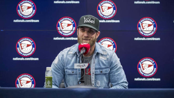 WASHINGTON, DC - April 02: Bryce Harper #3 of the Philadelphia Phillies speaks during a press conference before the game between the Washington Nationals and the Philadelphia Phillies at Nationals Park on April 2, 2019 in Washington, DC. (Photo by Scott Taetsch/Getty Images)