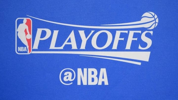 Apr 20, 2016; Los Angeles, CA, USA; General view of NBA playoffs logo during game two of the first round of the NBA playoffs the Portland Trail Blazers and the Los Angeles Clippers at the Staples center. Mandatory Credit: Kirby Lee-USA TODAY Sports
