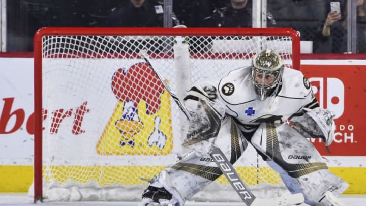LAVAL, QC - FEBRUARY 16: Goaltender Vitek Vanecek #30 of the Hershey Bears watches the puck as he protects his net against the Laval Rocket during the AHL game at Place Bell on February 16, 2018 in Laval, Quebec, Canada. The Hershey Bears defeated the Laval Rocket 6-3. (Photo by Minas Panagiotakis/Getty Images)