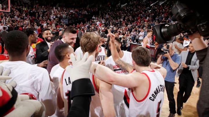 PORTLAND, OR - APRIL 10: The Portland Trail Blazers celebrate a win against the San Antonio Spurs on April 10, 2017 at the Moda Center in Portland, Oregon. NOTE TO USER: User expressly acknowledges and agrees that, by downloading and or using this Photograph, user is consenting to the terms and conditions of the Getty Images License Agreement. Mandatory Copyright Notice: Copyright 2017 NBAE (Photo by Cameron Browne/NBAE via Getty Images)