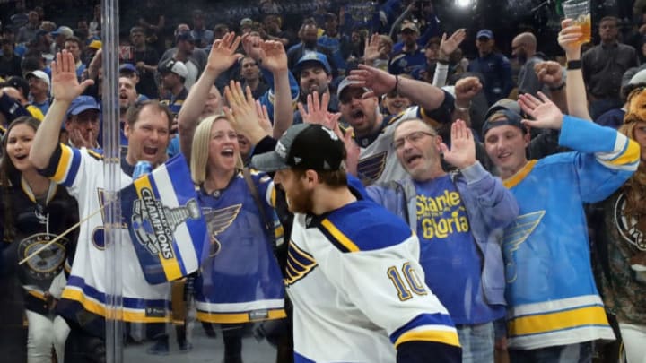 BOSTON, MASSACHUSETTS - JUNE 12: Brayden Schenn #10 of the St. Louis Blues celebrates his Stanley Cup victory following the Blues victory over the Boston Bruins at TD Garden on June 12, 2019 in Boston, Massachusetts. (Photo by Bruce Bennett/Getty Images)