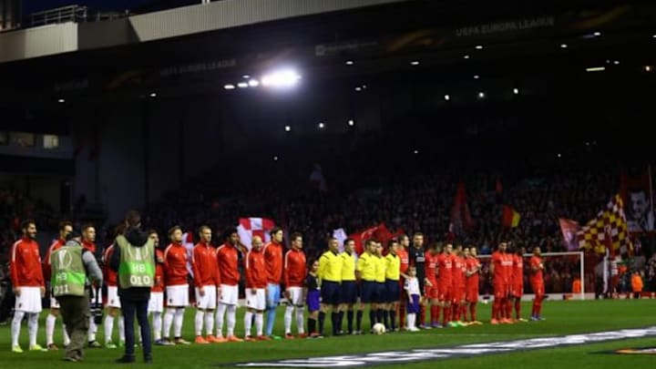 LIVERPOOL, ENGLAND - FEBRUARY 25: Players and match officials line up prior to the UEFA Europa League Round of 32 second leg match between Liverpool and FC Augsburg at Anfield on February 25, 2016 in Liverpool, United Kingdom. (Photo by Clive Brunskill/Getty Images)