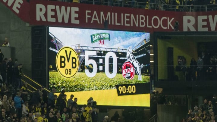 DORTMUND, GERMANY - SEPTEMBER 17: The scoreboard after the final whistle during the Bundesliga match between Borussia Dortmund and 1. FC Koeln at the Signal Iduna Park on September 17, 2017 in Dortmund, Germany. (Photo by Alexandre Simoes/Borussia Dortmund/Getty Images)