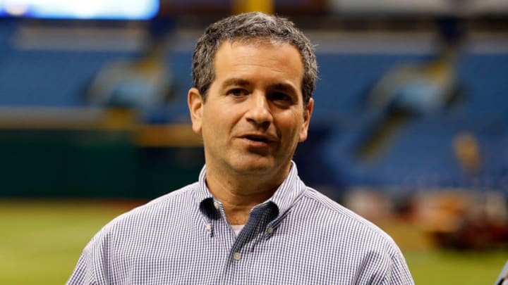 ST. PETERSBURG, FL - APRIL 23: Principal shareholder of the Tampa Bay Rays, Stuart Sternberg, watches batting practice just before the start of the game against the New York Yankees at Tropicana Field on April 23, 2013 in St. Petersburg, Florida. (Photo by J. Meric/Getty Images)