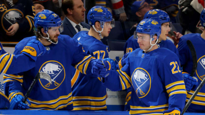 Feb 28, 2023; Buffalo, New York, USA; Buffalo Sabres right wing Jack Quinn (22) celebrates his goal with teammates during the third period against the Columbus Blue Jackets at KeyBank Center. Mandatory Credit: Timothy T. Ludwig-USA TODAY Sports