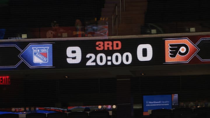 Mar 17, 2021; New York, New York, USA; The scoreboard at the end of the second period shows the New York Rangers leading the Philadelphia Flyers by the score of 9-0 at Madison Square. Mandatory Credit: Bruce Bennett/POOL PHOTOS-USA TODAY Sports
