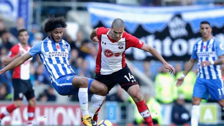 BRIGHTON, ENGLAND – OCTOBER 29: Isaiah Brown of Brighton and Hove Albion and Oriol Romeu of Southampton battle for the ball during the Premier League match between Brighton and Hove Albion and Southampton at Amex Stadium on October 29, 2017 in Brighton, England. (Photo by Henry Browne/Getty Images)