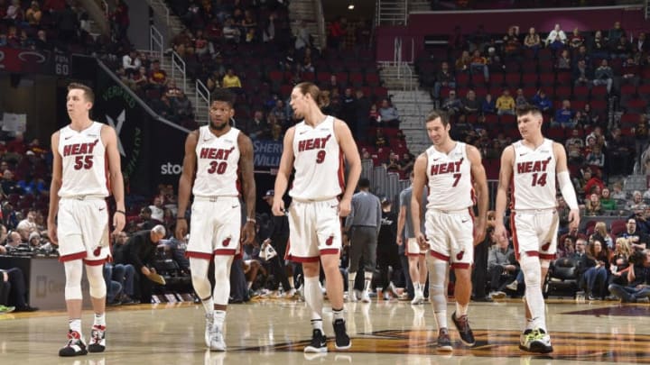 The Miami Heat look on during a game against the Cleveland Cavaliers (Photo by David Liam Kyle/NBAE via Getty Images)