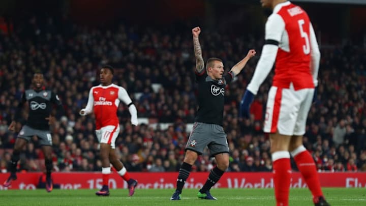 LONDON, ENGLAND - NOVEMBER 30: Jordy Clasie of Southampton celebrates after scoring the opening goal of the game during the EFL Cup quarter final match between Arsenal and Southampton at the Emirates Stadium on November 30, 2016 in London, England. (Photo by Clive Rose/Getty Images)