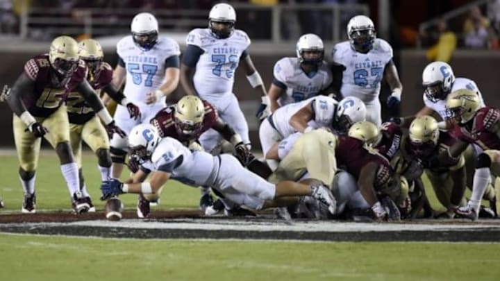 Sep 6, 2014; Tallahassee, FL, USA; Citadel Bulldogs running back Jake Stenson (24) dives on a loose ball against Florida State Seminoles defensive tackle Derrick Mitchell (11) during the third quarter at Doak Campbell Stadium. Florida State defeated Citadel 37-12. Mandatory Credit: John David Mercer-USA TODAY Sports