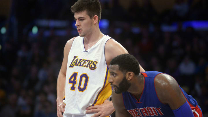 January 15, 2017; Los Angeles, CA, USA; Los Angeles Lakers center Ivica Zubac (40) during a stoppage in play against Detroit Pistons center Andre Drummond (0) during the second half at Staples Center. Mandatory Credit: Gary A. Vasquez-USA TODAY Sports