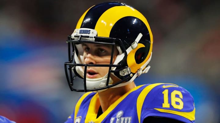 ATLANTA, GA - FEBRUARY 03: Jared Goff #16 of the Los Angeles Rams looks on in the first half during Super Bowl LIII against the New England Patriots at Mercedes-Benz Stadium on February 3, 2019 in Atlanta, Georgia. (Photo by Kevin C. Cox/Getty Images)