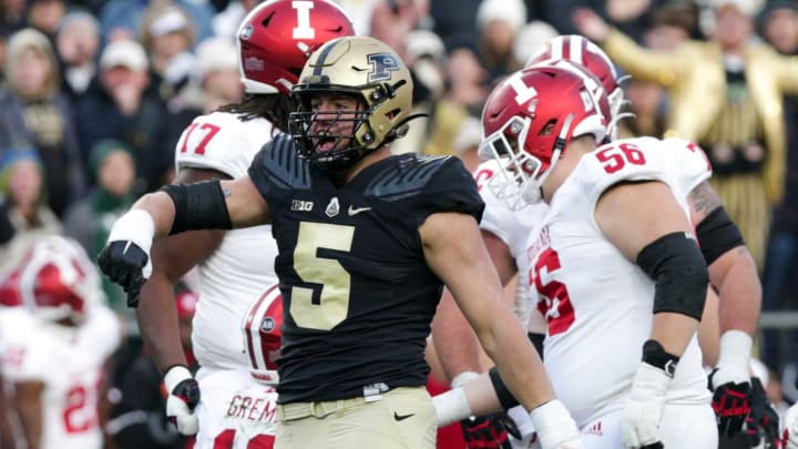 Purdue defensive end George Karlaftis (5) celebrates a stop during the second quarter of an NCAA college football game, Saturday, Nov. 27, 2021 at Ross-Ade Stadium in West Lafayette.Cfb Purdue Vs Indiana