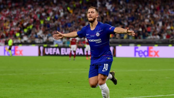 BAKU, AZERBAIJAN - MAY 29: Eden Hazard of Chelsea celebrates after scoring his team's fourth goal during the UEFA Europa League Final between Chelsea and Arsenal at Baku Olimpiya Stadionu on May 29, 2019 in Baku, Azerbaijan. (Photo by Chelsea Football Club/Chelsea FC via Getty Images)