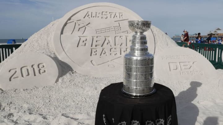 CLEARWATER, FL - JANUARY 27: The Stanley Cup is displayed in front of a sand castle to represent the NHL All-Star Beach Bash as part of the 2018 Honda NHL All Star Weekend on January 27, 2018 at Pier 60 in Clearwater, Florida. (Photo by Mark LoMoglio/NHLI via Getty Images)