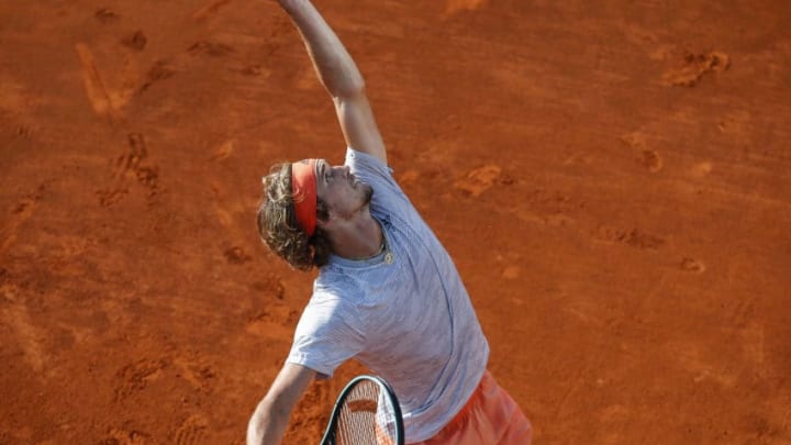 BELGRADE, SERBIA - JUNE 13: Alexander Zverev of Germany serves the ball to Filip Krajinovic of Serbia during the Adria Tour charity exhibition hosted by Novak Djokovic on June 13, 2020 in Belgrade, Serbia. (Photo by Srdjan Stevanovic/Getty Images)