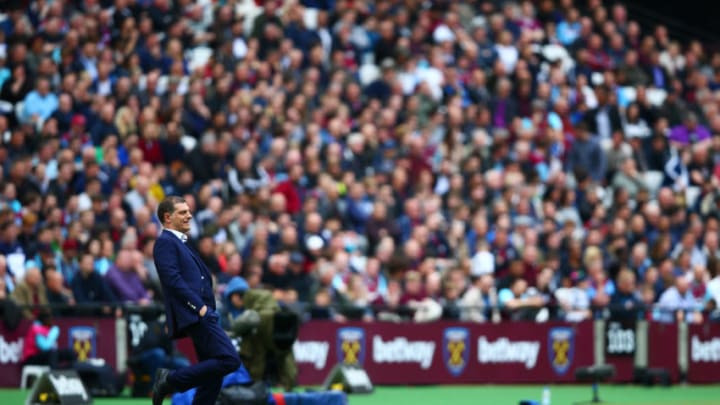 STRATFORD, ENGLAND - APRIL 22: Slaven Bilic, manager of West Ham United reacts on the touchline during the Premier League match between West Ham United and Everton at London Stadium on April 22, 2017 in Stratford, England. (Photo by Dan Istitene/Getty Images)