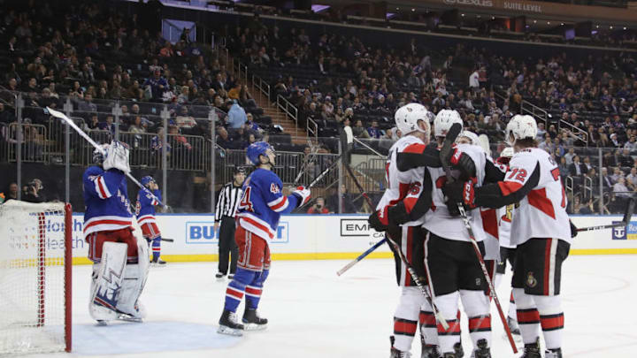 NEW YORK, NEW YORK - APRIL 03: The Ottawa Senators celebrate a goal by Brian Gibbons #17 of the Ottawa Senators at 14:58 of the third period against the New York Rangers at Madison Square Garden on April 03, 2019 in New York City. The Senators defeated the Rangers 4-1. (Photo by Bruce Bennett/Getty Images) NEW YORK, NEW YORK - APRIL 03: The Ottawa Senators celebrate a goal by Brian Gibbons #17 of the Ottawa Senators at 14:58 of the third period against the New York Rangers at Madison Square Garden on April 03, 2019 in New York City. The Senators defeated the Rangers 4-1. (Photo by Bruce Bennett/Getty Images)