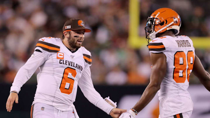 EAST RUTHERFORD, NEW JERSEY - SEPTEMBER 16: Baker Mayfield #6 of the Cleveland Browns celebrates with teammate Demetrius Harris #88 after the extra point was kicked on a touchdown in the second quarter against the New York Jets at MetLife Stadium on September 16, 2019 in East Rutherford, New Jersey. (Photo by Elsa/Getty Images)