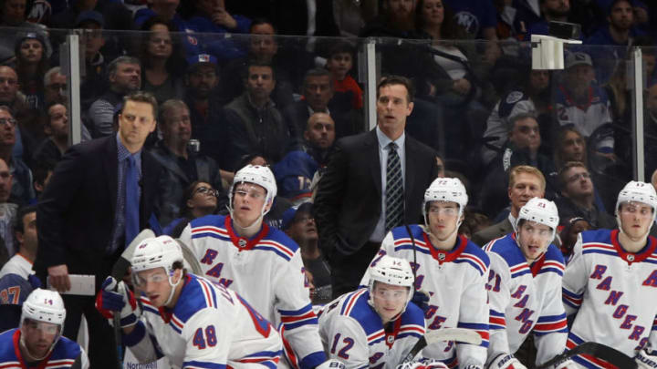 NEW YORK, NEW YORK - FEBRUARY 25: Head coach of the New York Rangers David Quinn handles bench duties against the New York Islanders at NYCB Live's Nassau Coliseum on February 25, 2020 in Uniondale, New York. The Rangers defeated the Islanders 4-3 in overtime. (Photo by Bruce Bennett/Getty Images)