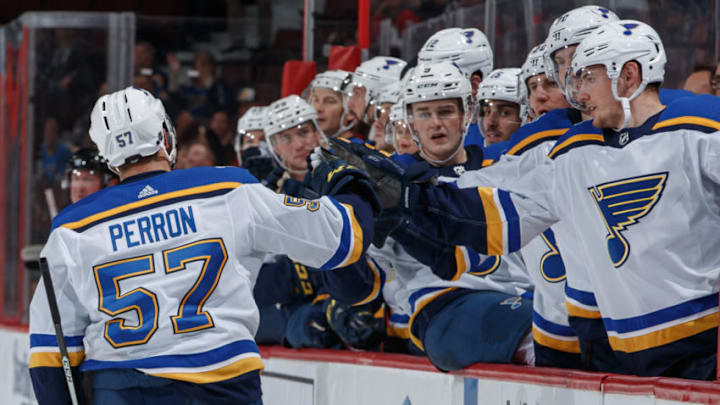 OTTAWA, ON - OCTOBER 10: David Perron #57 of the St. Louis Blues celebrates his second period goal against the Ottawa Senators with teammates at the players bench at Canadian Tire Centre on October 10, 2019 in Ottawa, Ontario, Canada. (Photo by Andre Ringuette/NHLI via Getty Images) OTTAWA, ON - OCTOBER 10: David Perron #57 of the St. Louis Blues celebrates his second period goal against the Ottawa Senators with teammates at the players bench at Canadian Tire Centre on October 10, 2019 in Ottawa, Ontario, Canada. (Photo by Andre Ringuette/NHLI via Getty Images)