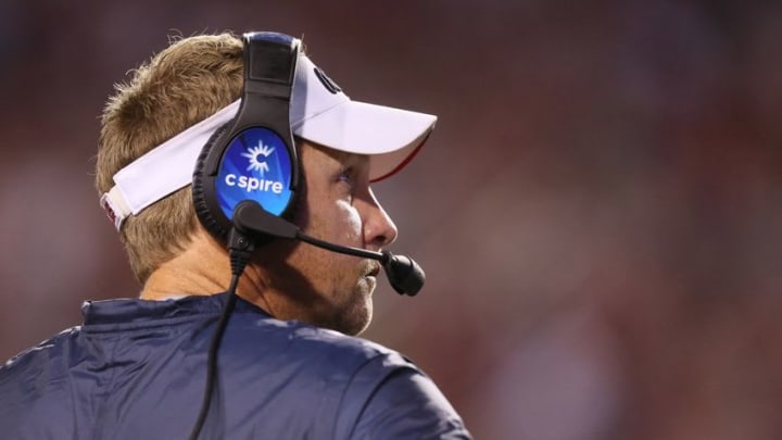 Oct 15, 2016; Fayetteville, AR, USA; Ole Miss Rebels head coach Hugh Freeze during the second half against the Arkansas Razorbacks at Donald W. Reynolds Razorback Stadium. Arkansas defeated Ole Miss 34-30. Mandatory Credit: Nelson Chenault-USA TODAY Sports