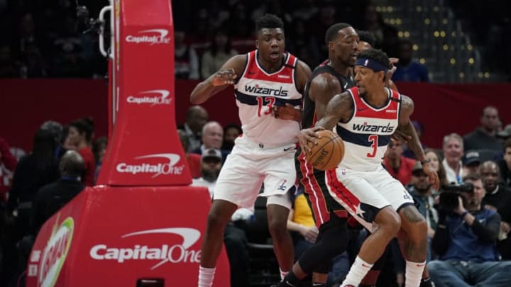 Bradley Beal #3 of the Washington Wizards dribbles against the Miami Heat (Photo by Patrick McDermott/Getty Images)