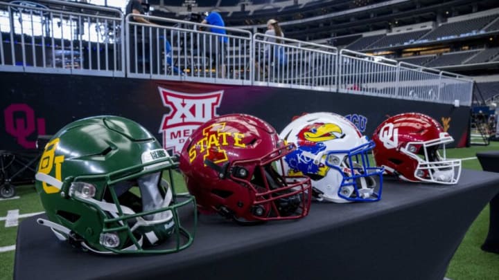 Jul 13, 2022; Arlington, TX, USA; A view of the helmets oof the Baylor Bears and the Iowa State Cyclones and the Kansas Jayhawks and the Oklahoma Sooners during the Big 12 Media Day at AT&T Stadium. Mandatory Credit: Jerome Miron-USA TODAY Sports