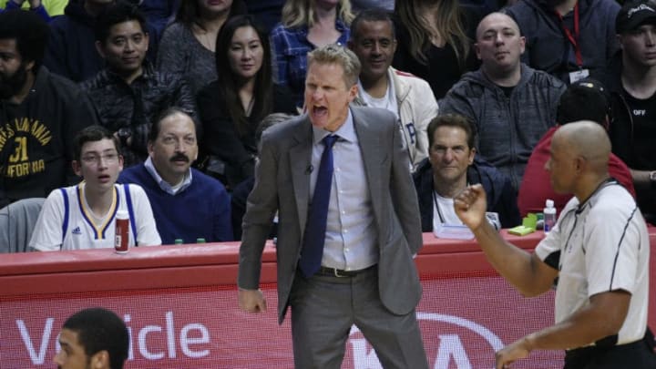 LOS ANGELES, CA - FEBRUARY 2: Head coach Steve Kerr of the Golden State Warriors reacts from the bench during second half of the basketball game against Los Angeles Clippers at Staples Center February 2 2017, in Los Angeles, California. NOTE TO USER: User expressly acknowledges and agrees that, by downloading and or using this photograph, User is consenting to the terms and conditions of the Getty Images License Agreement. (Photo by Kevork Djansezian/Getty Images)