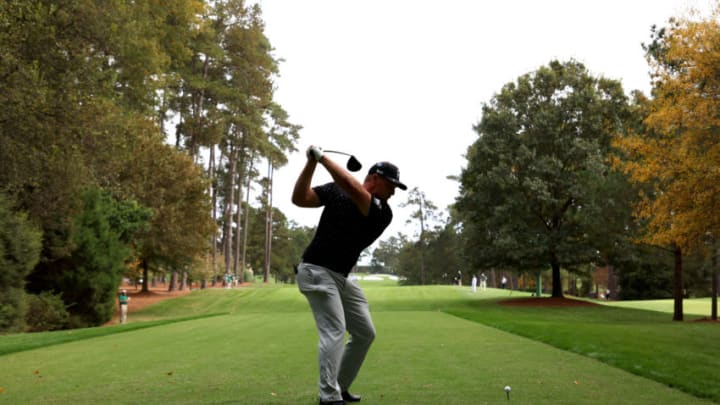 AUGUSTA, GEORGIA - NOVEMBER 10: Bryson DeChambeau of the United States plays his shot from the second tee during a practice round prior to the Masters at Augusta National Golf Club on November 10, 2020 in Augusta, Georgia. (Photo by Patrick Smith/Getty Images)