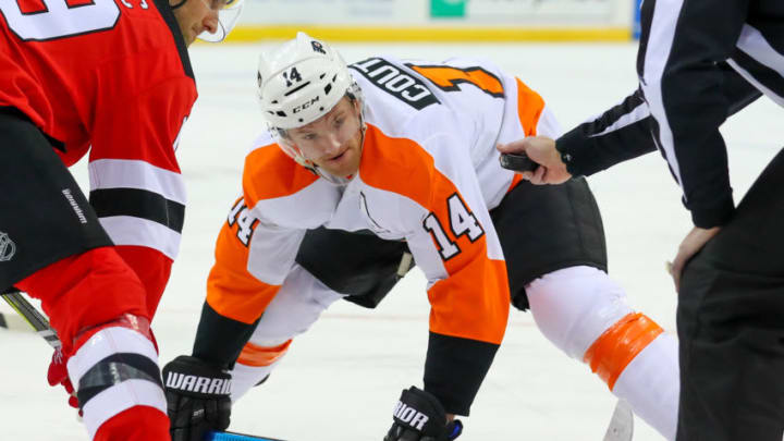 NEWARK, NJ - JANUARY 12: Philadelphia Flyers center Sean Couturier (14) skates during the National Hockey League game between the New Jersey Devils and the Philadelphia Flyers on January 12, 2019 at the Prudential Center in Newark, NJ. (Photo by Rich Graessle/Icon Sportswire via Getty Images)