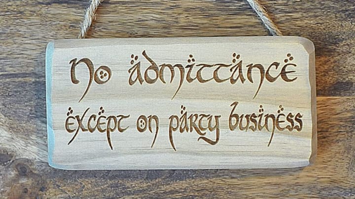 Discover Distraction's "No Admittance Except on Party Business" sign on Amazon.
