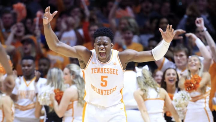 KNOXVILLE, TENNESSEE - MARCH 02: Admiral Schofield #5 of the Tennessee Volunteers celebrates in the game against the Kentucky Wildcats at Thompson-Boling Arena on March 02, 2019 in Knoxville, Tennessee. (Photo by Andy Lyons/Getty Images)