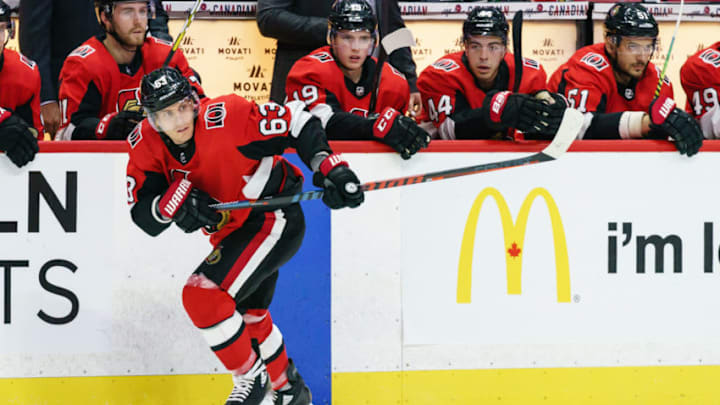 OTTAWA, ON - OCTOBER 5: Tyler Ennis #63 of the Ottawa Senators skates against the New York Rangers at Canadian Tire Centre on October 5, 2019 in Ottawa, Ontario, Canada. (Photo by Jana Chytilova/Freestyle Photography/Getty Images)