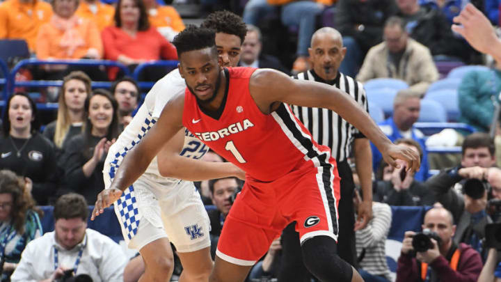 ST. LOUIS, MO - MARCH 09: Georgia forward Yante Maten (1) goes after a loose ball during a Southeastern Conference Basketball Tournament game between Kentucky and Georgia on March 09, 2018, at Scottrade Center, St. Louis, MO. (Photo by Keith Gillett/Icon Sportswire via Getty Images).