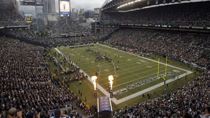 Sep 15, 2013; Seattle, WA, USA; A general view during Seattle Seahawks player introductions before the game against the San Francisco 49ers at CenturyLink Field. Mandatory Credit: Joe Nicholson-USA TODAY Sports