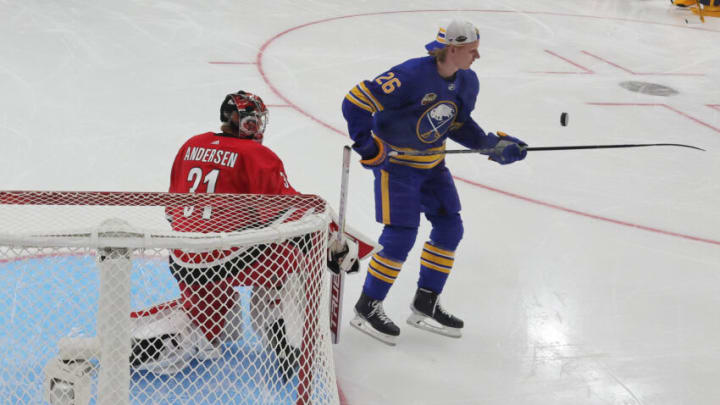 LAS VEGAS, NEVADA - FEBRUARY 04: Rasmus Dahlin #26 of the Buffalo Sabres attempts to shoot the puck past Frederik Andersen #31 of the Carolina Hurricanes in the Save Streak event during the 2022 NHL All-Star Skills at T-Mobile Arena on February 04, 2022 in Las Vegas, Nevada. (Photo by Ethan Miller/Getty Images)