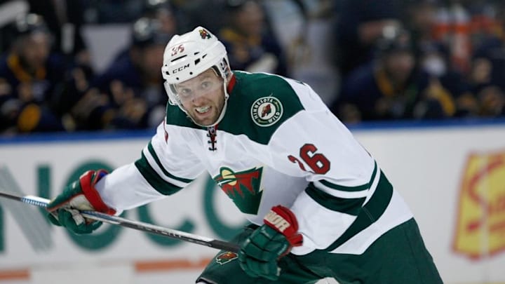 Mar 5, 2016; Buffalo, NY, USA; Minnesota Wild left wing Thomas Vanek (26) against the Buffalo Sabres at First Niagara Center. Minnesota beats Buffalo 3 to 2. Mandatory Credit: Timothy T. Ludwig-USA TODAY Sports
