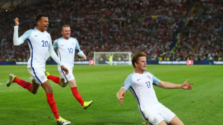 MARSEILLE, FRANCE – JUNE 11: Eric Dier (R) of England celebrates scoring his team’s first goal with his team mates Dele Alli (L) and Wayne Rooney (C) during the UEFA EURO 2016 Group B match between England and Russia at Stade Velodrome on June 11, 2016 in Marseille, France. (Photo by Lars Baron/Getty Images)