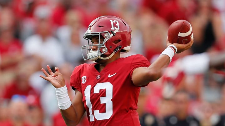 TUSCALOOSA, AL – SEPTEMBER 08: Tua Tagovailoa #13 of the Alabama Crimson Tide looks to pass against the Arkansas State Red Wolves at Bryant-Denny Stadium on September 8, 2018 in Tuscaloosa, Alabama. (Photo by Kevin C. Cox/Getty Images)