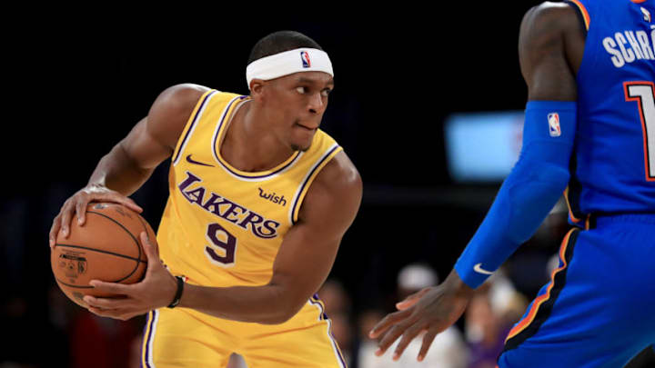 Rajon Rondo #9 of the Los Angeles Lakers controls the ball during the first half of a game against the OKC Thunder (Photo by Sean M. Haffey/Getty Images)