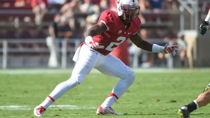 September 13, 2014; Stanford, CA, USA; Stanford Cardinal cornerback Wayne Lyons (2) defends during the third quarter against the Army Black Knights at Stanford Stadium. Mandatory Credit: Kyle Terada-USA TODAY Sports