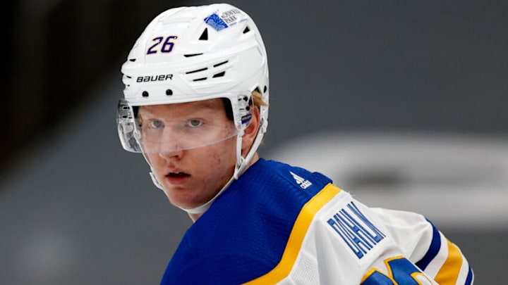 BOSTON, MASSACHUSETTS - MAY 01: Rasmus Dahlin #26 of the Buffalo Sabres looks on during the second period against the Boston Bruins at TD Garden on May 01, 2021 in Boston, Massachusetts. (Photo by Maddie Meyer/Getty Images)