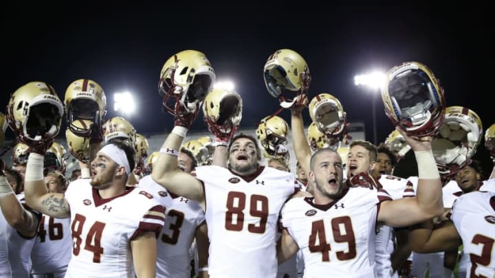 DEKALB, IL - SEPTEMBER 01: Boston College Eagles players celebrate after a win against the Northern Illinois Huskies at Huskie Stadium on September 1, 2017 in DeKalb, Illinois. Boston College won 23-20. (Photo by Joe Robbins/Getty Images)