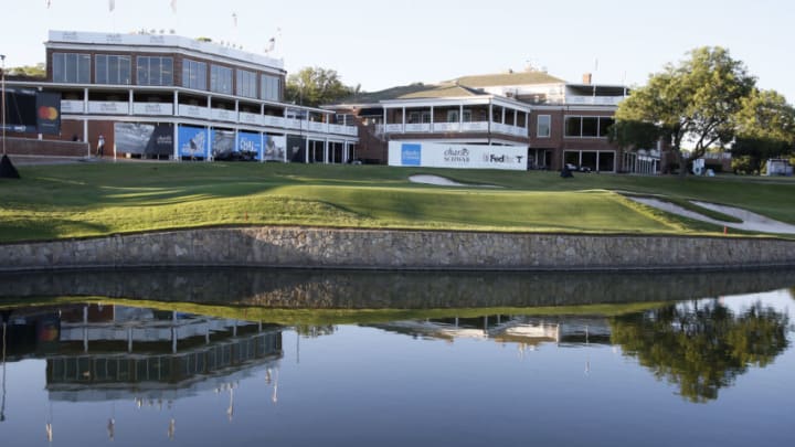 Jun 10, 2020; Fort Worth, Texas, USA; A general view of the 18th green and clubhouse at Colonial Country Club during a practice round for the Charles Schwab Challenge golf tournament. Mandatory Credit: Raymond Carlin III-USA TODAY Sports