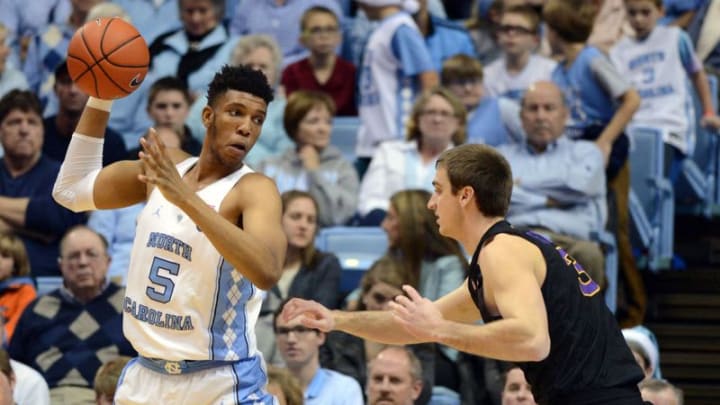 Dec 21, 2016; Chapel Hill, NC, USA; North Carolina Tar Heels forward Tony Bradley (5) looks to pass as Northern Iowa Panthers center Ted Friedman (3) defends during the first half at Dean E. Smith Center. Mandatory Credit: Rob Kinnan-USA TODAY Sports