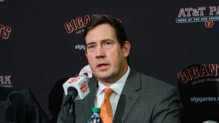 Dec 17, 2015; San Francisco, CA, USA; San Francisco Giants senior vice president and general manager Bobby Evans announces the signing of pitcher Johnny Cueto at a press conference at AT&T Park. Mandatory Credit: John Hefti-USA TODAY Sports